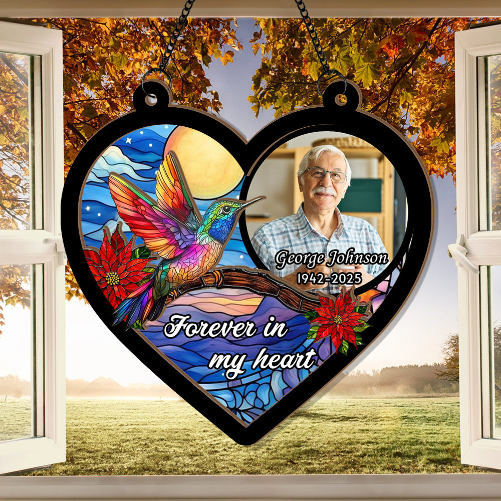 Custom Hummingbird Memorial Portrait, Personalized Stained Glass Window Hanging, Memorial Ornament, Glass Suncatcher for Hummingbird Lovers (H-Sun-13)