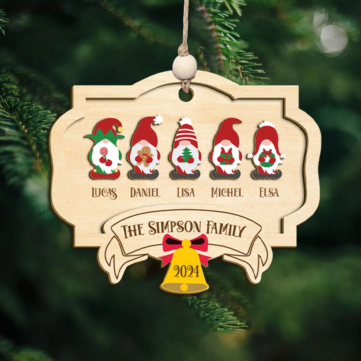 Personalized Gnome Family Christmas Ornament, Family Christmas 2024 Keepsake, Christmas Decor, Gnome Family Wooden Ornament, Holiday Decor
