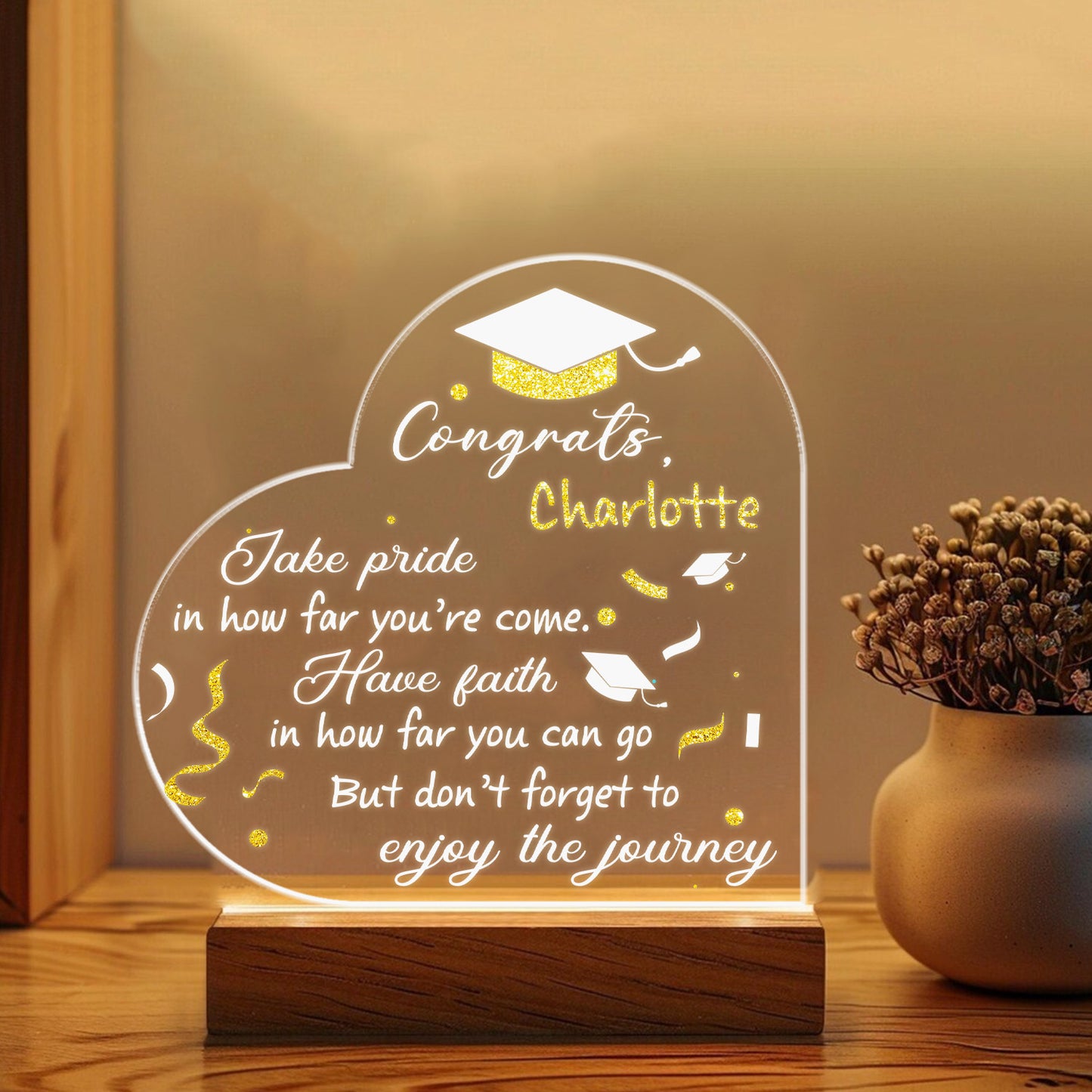 Floral Graduation Hat, Graduation Night Light, Personalized Graduate Gift, Heart Scroll Design, Bedroom Decor, Custom Night Lamp (GNL-42)