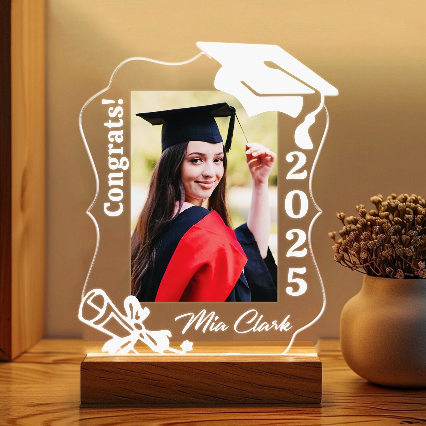 Graduation Night Light Gift With Picture, Custom Name LED Lamp For Graduate, Unique Class of 2025 Keepsake For Him Her (GNL-47)