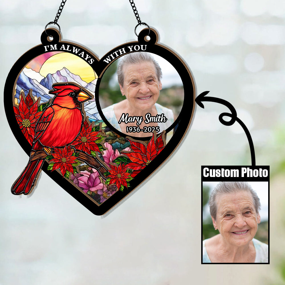 Personalized Photo Memorial Suncatcher Ornament, Custom Photo, Cardinal Suncatcher, In Loving Memory of a Loved One, Sympathy Gift, Cardinal Lovers (H-Sun-12)