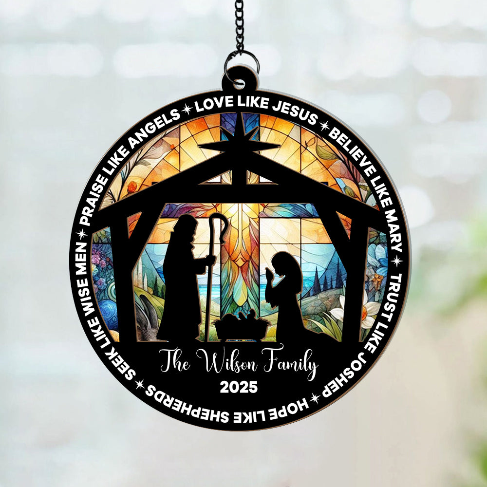 Custom Christmas Suncatcher β Nativity Scene Ornament with Family Name β Religious Holiday Decor (H-Sun-24)