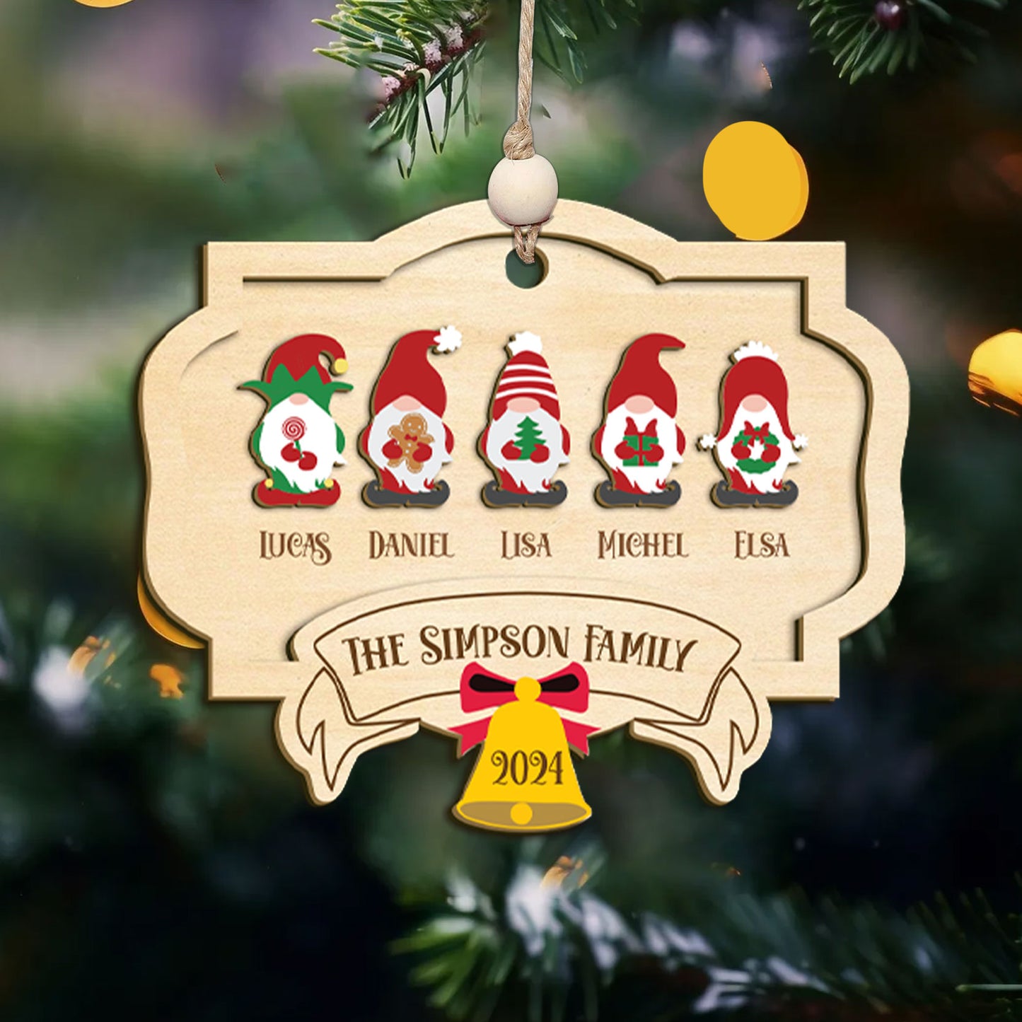 Personalized Gnome Family Christmas Ornament, Family Christmas 2024 Keepsake, Christmas Decor, Gnome Family Wooden Ornament, Holiday Decor