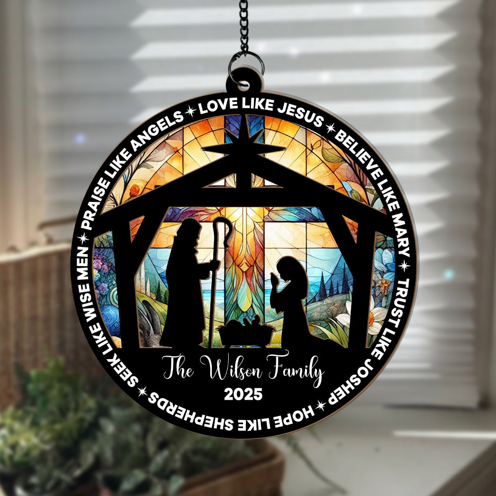Custom Christmas Suncatcher β Nativity Scene Ornament with Family Name β Religious Holiday Decor (H-Sun-24)