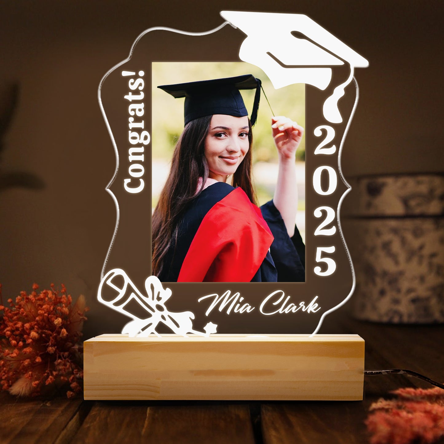 Graduation Night Light Gift With Picture, Custom Name LED Lamp For Graduate, Unique Class of 2025 Keepsake For Him Her (GNL-47)