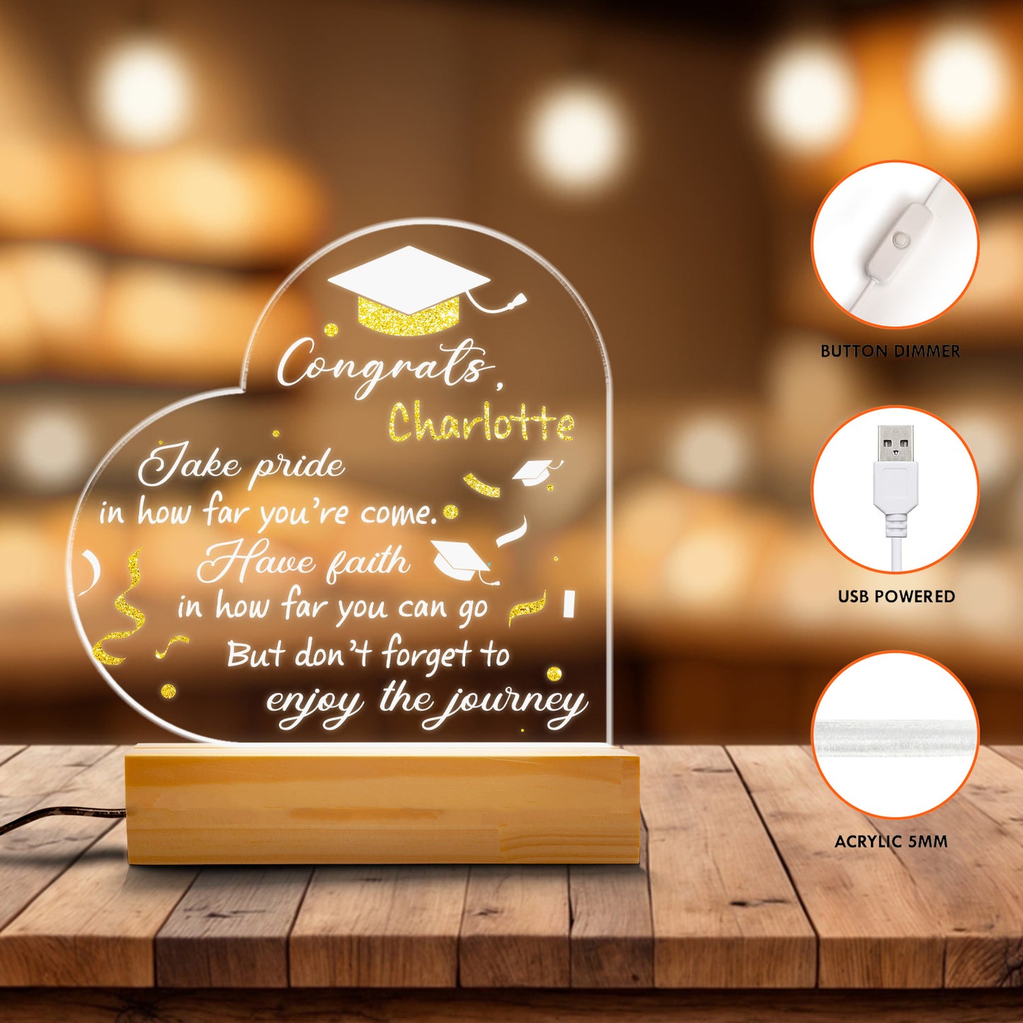 Floral Graduation Hat, Graduation Night Light, Personalized Graduate Gift, Heart Scroll Design, Bedroom Decor, Custom Night Lamp (GNL-42)