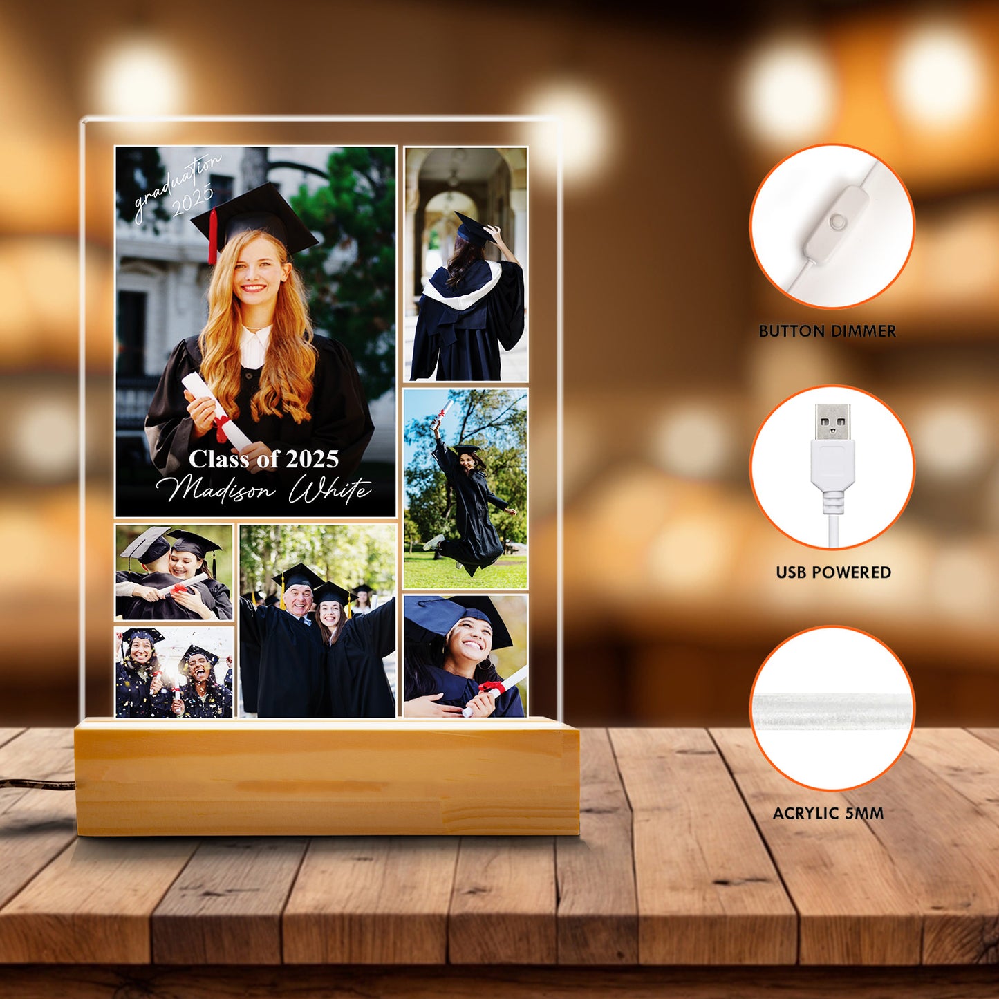 Personalized Graduation Night Light For High School, College, Custom Photo Frame Lamp For Son, Daughter, Friend, Senior Gift (GNL-46)