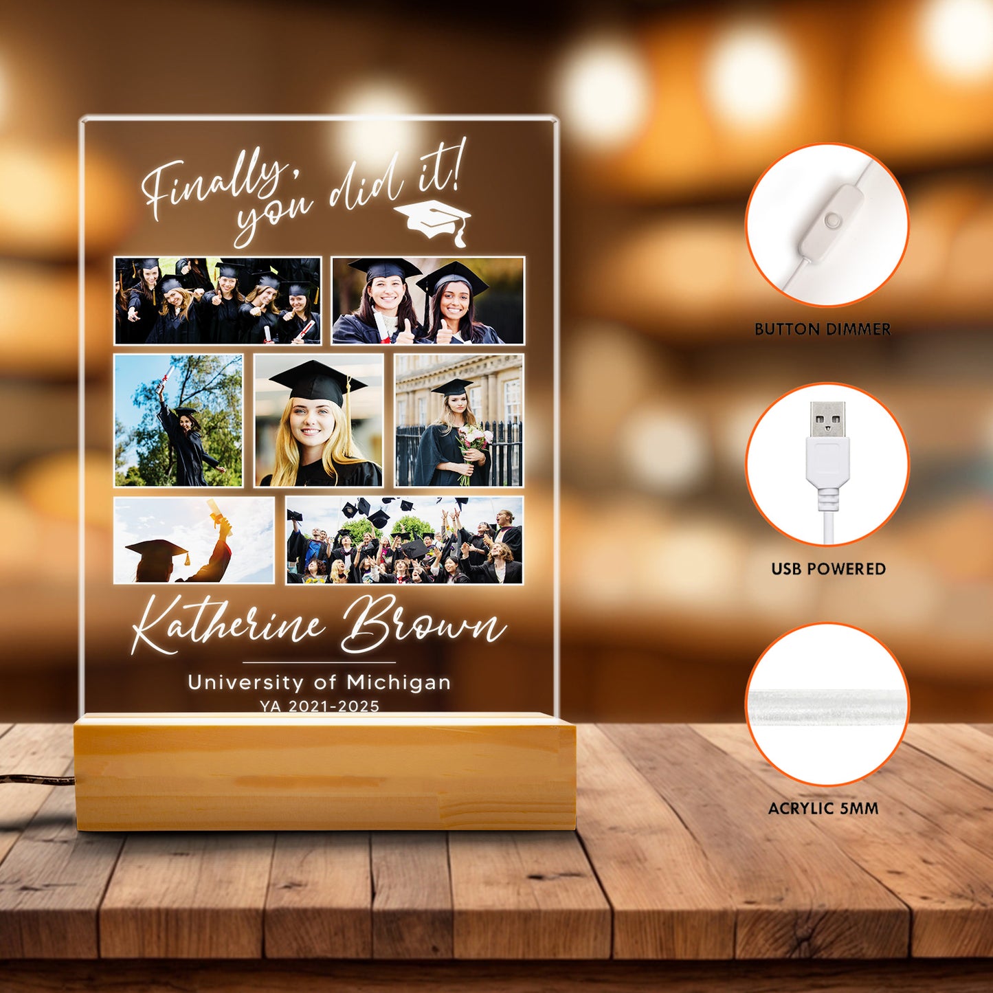 Graduation Night Light Personalized Gift For Him Her, Custom Photo Acrylic Lamp, Graduation Keepsake For Student, Daughter, Son (GNL-44)