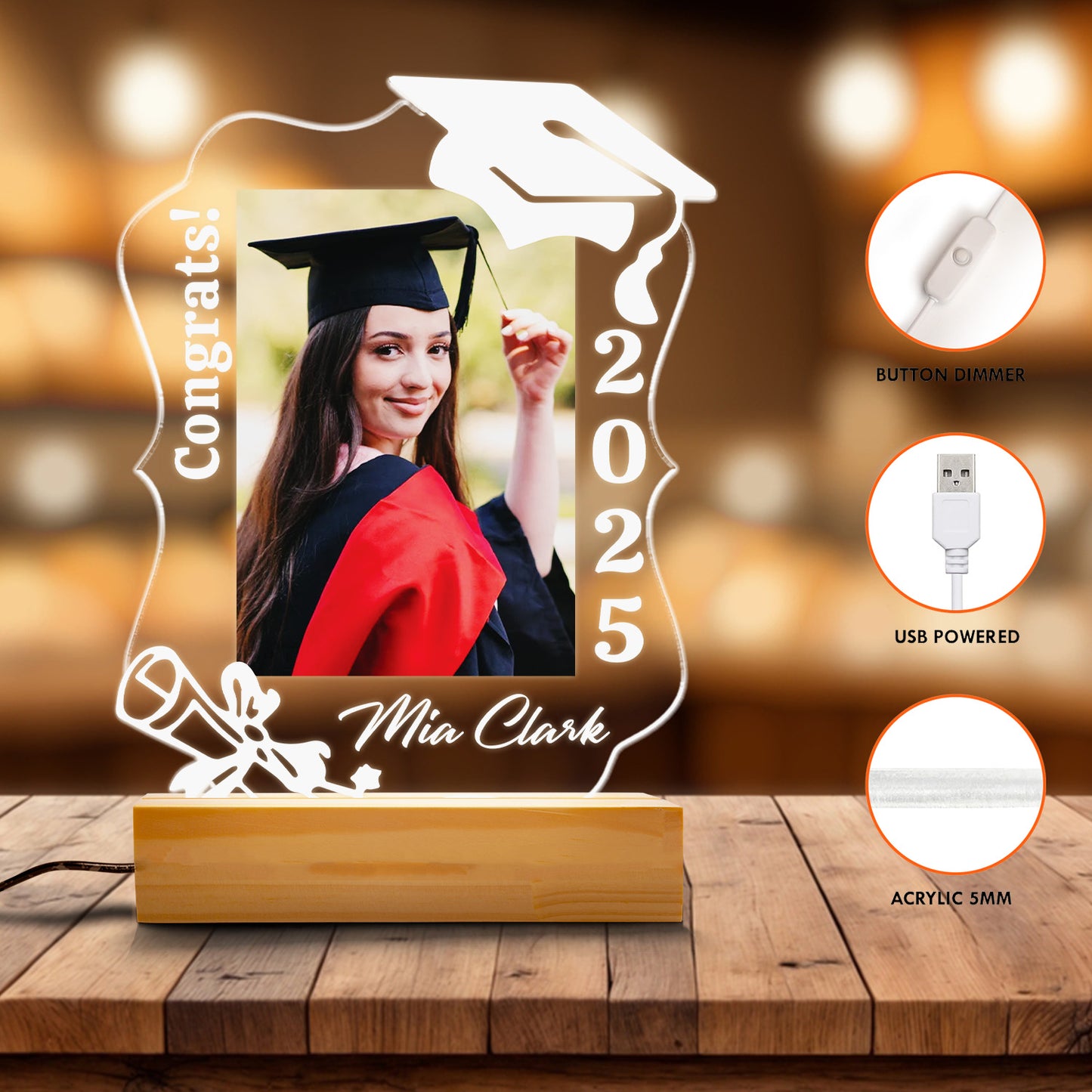 Graduation Night Light Gift With Picture, Custom Name LED Lamp For Graduate, Unique Class of 2025 Keepsake For Him Her (GNL-47)