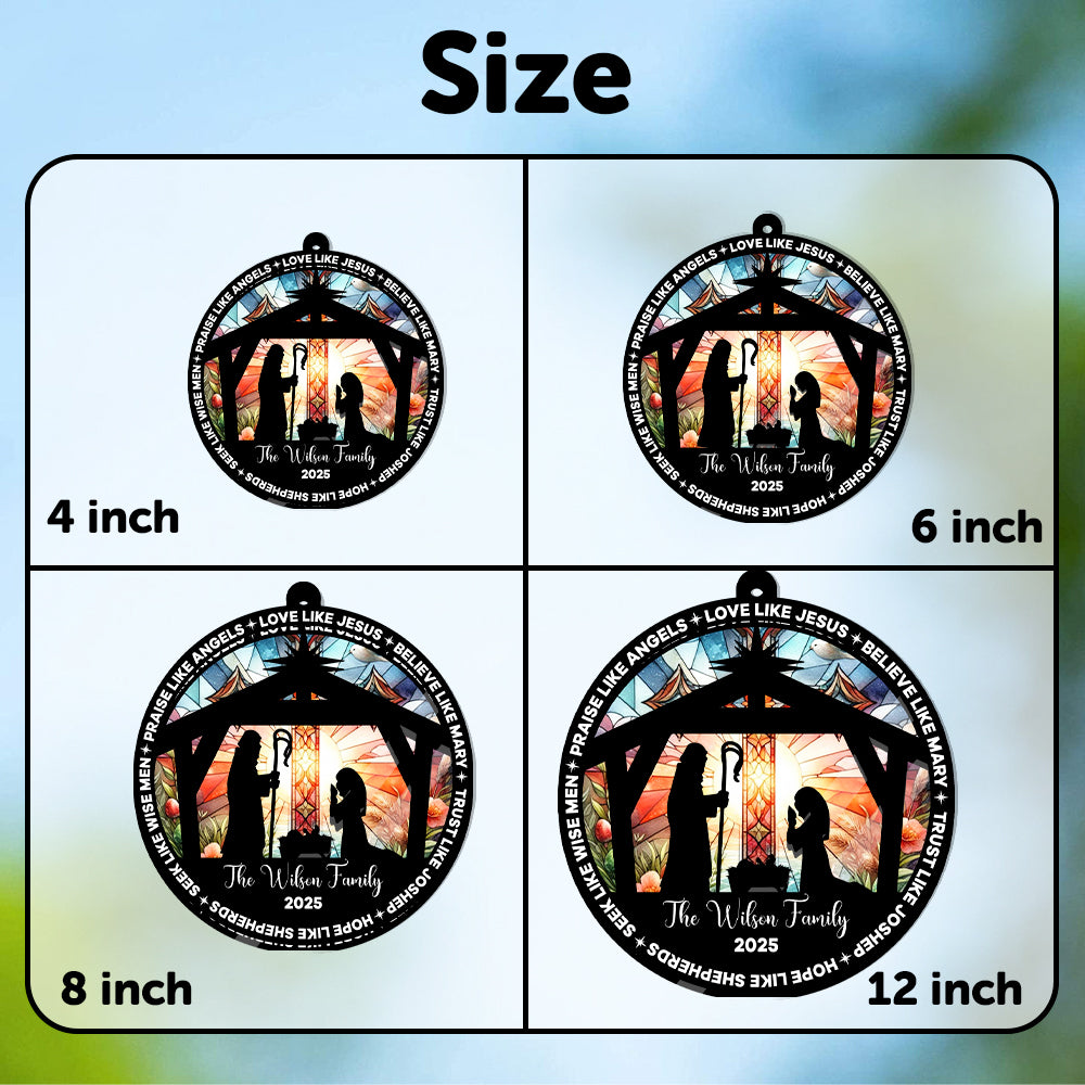 Custom Christmas Suncatcher β Nativity Scene Ornament with Family Name β Religious Holiday Decor (H-Sun-24)