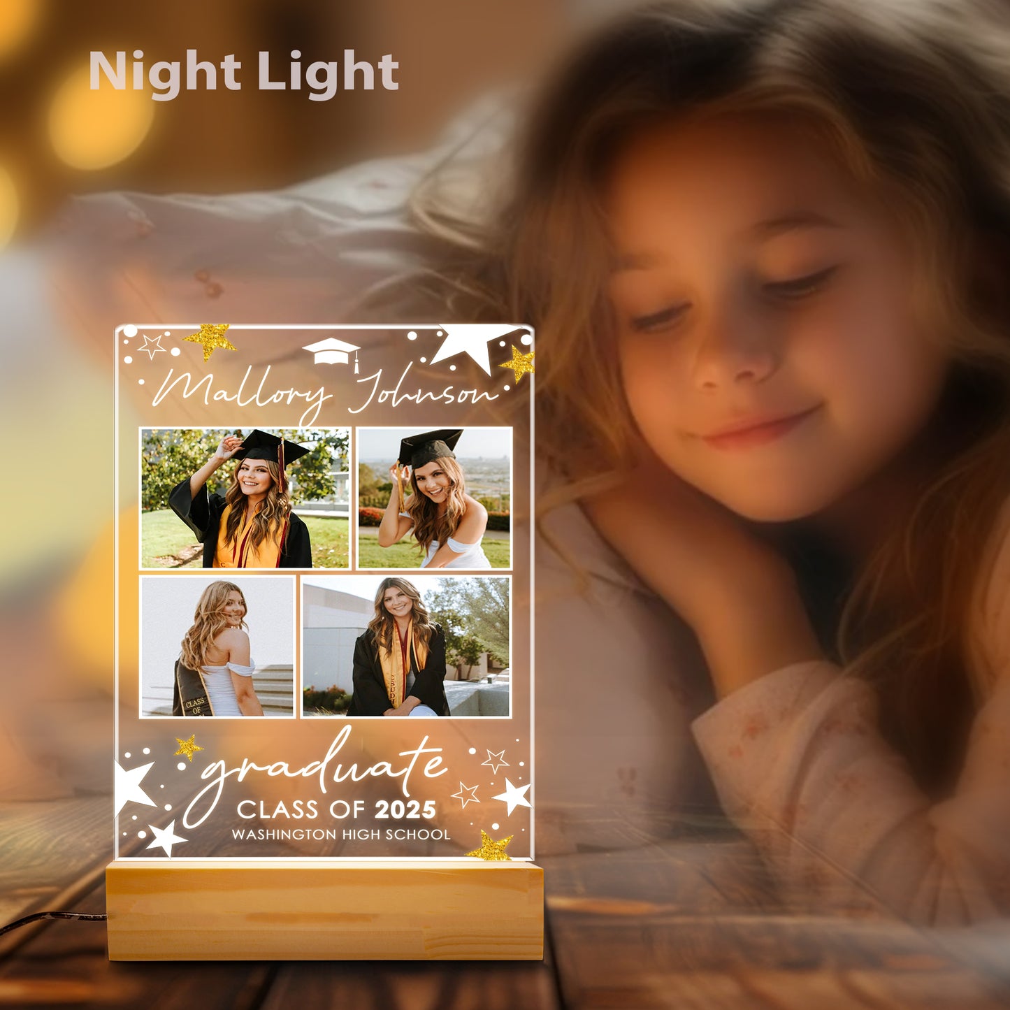 College Graduation Night Light Gift, Personalized Graduate Frame Plaque, Senior Picture Present, Custom Grad Decor (GNL-36)