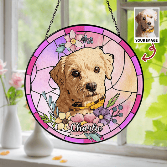 Personalized Dog Photo Glass Suncatcher – Custom Pet Memorial Window Hanging Gift for Dog Lovers (Sun-37)