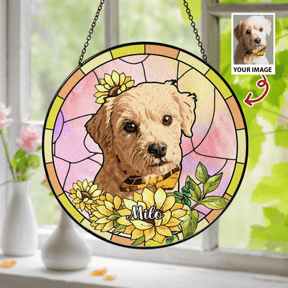 Personalized Dog Photo Glass Suncatcher – Custom Pet Memorial Window Hanging Gift for Dog Lovers (Sun-37)
