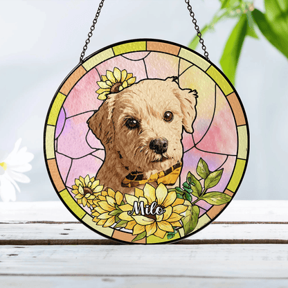 Personalized Dog Photo Glass Suncatcher – Custom Pet Memorial Window Hanging Gift for Dog Lovers (Sun-37)