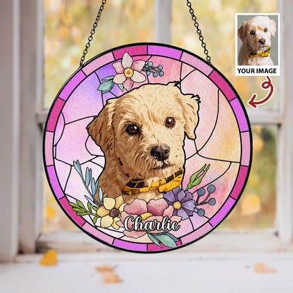Personalized Dog Photo Glass Suncatcher – Custom Pet Memorial Window Hanging Gift for Dog Lovers (Sun-37)