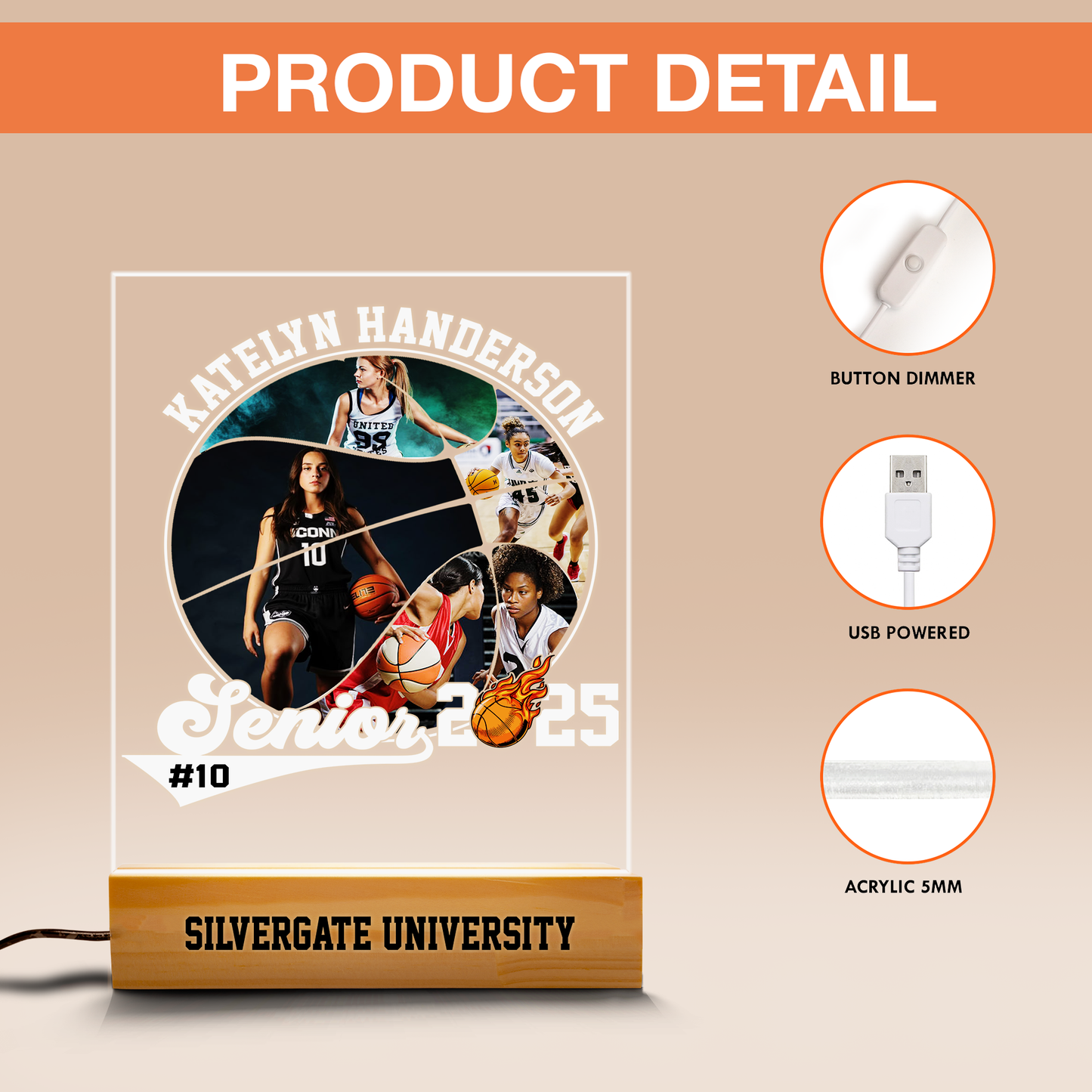 Custom Basketball Graduation Night Light – A Personalized Keepsake for Class of 2025 Graduates to Celebrate Their Achievement (GNL-07)