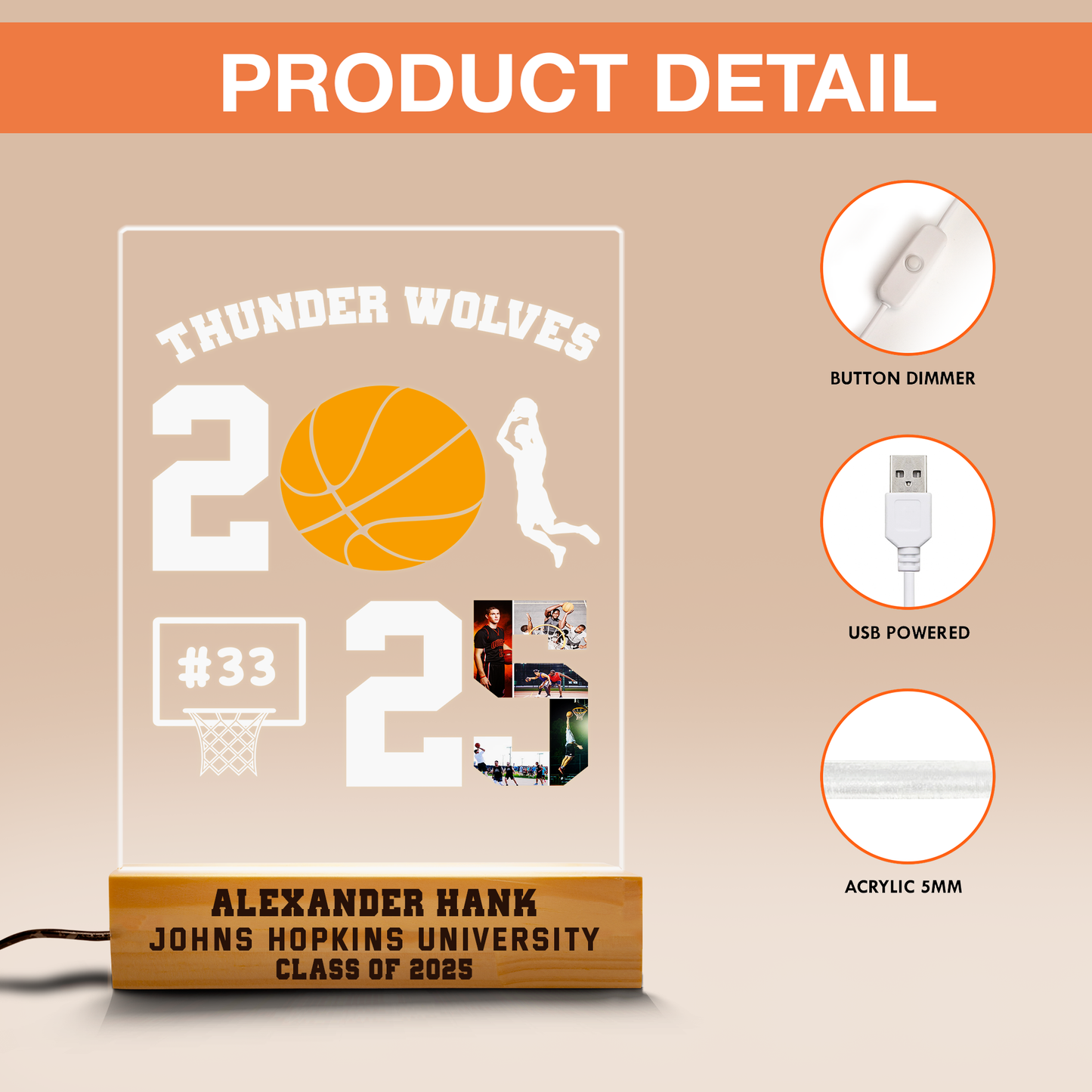 Personalized Basketball-Themed Graduation Night Light – A Unique Keepsake for Class of 2025 Graduates (GNL-04)