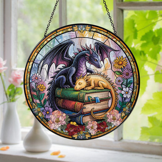 Handcrafted Book Dragon Suncatcher in Stained Glass – Unique Fantasy Gift for Librarians, Book Nerds, and Reading Enthusiasts (Sun-44)