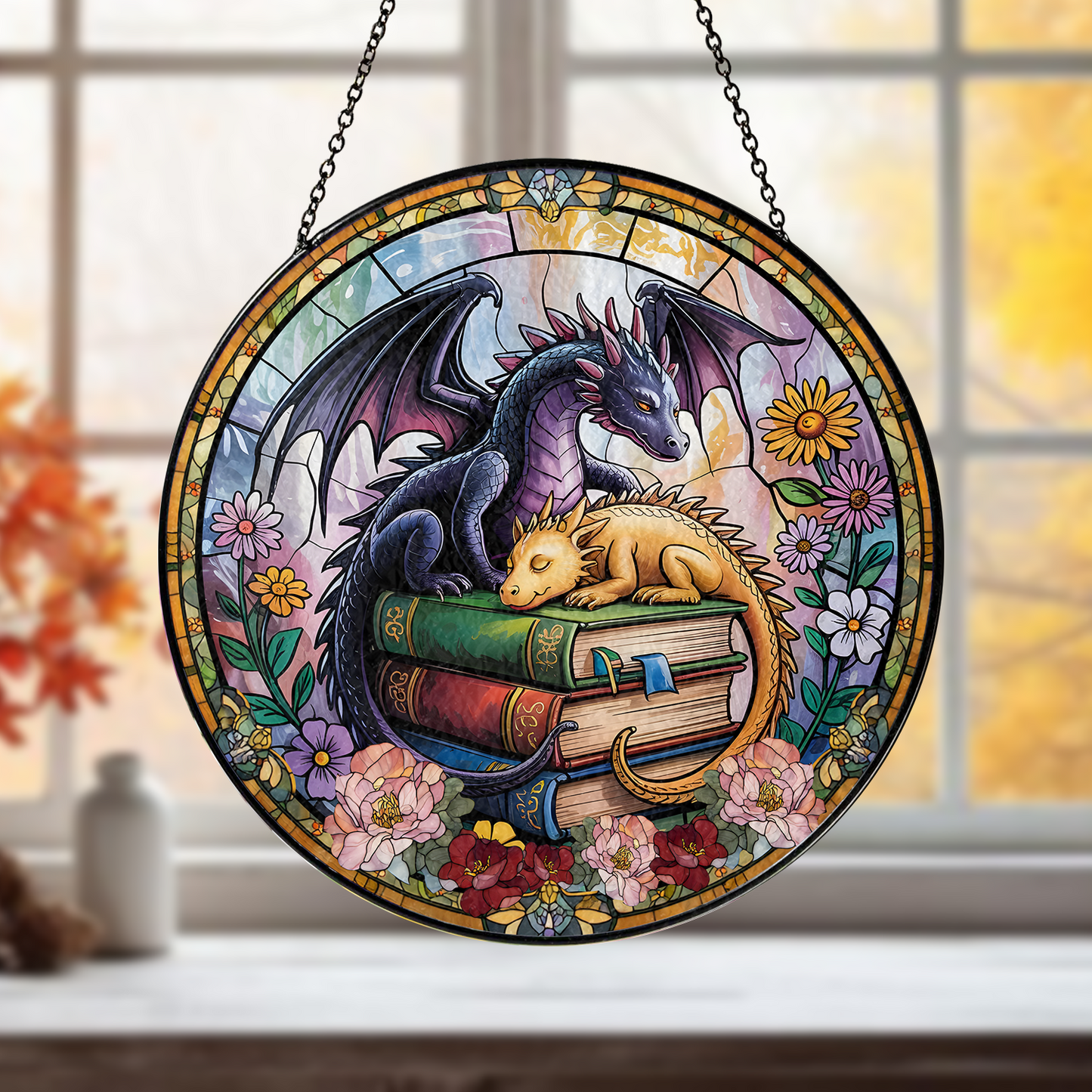 Handcrafted Book Dragon Suncatcher in Stained Glass – Unique Fantasy Gift for Librarians, Book Nerds, and Reading Enthusiasts (Sun-44)