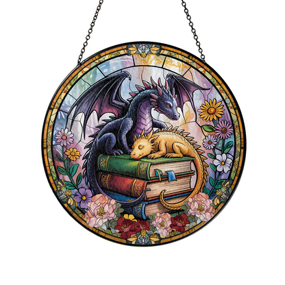 Handcrafted Book Dragon Suncatcher in Stained Glass – Unique Fantasy Gift for Librarians, Book Nerds, and Reading Enthusiasts (Sun-44)