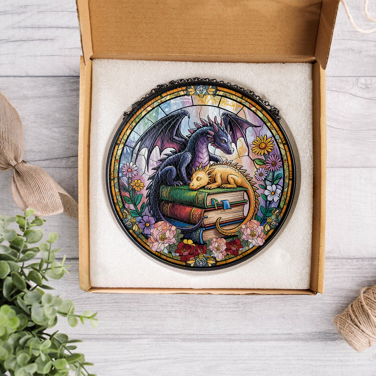 Handcrafted Book Dragon Suncatcher in Stained Glass – Unique Fantasy Gift for Librarians, Book Nerds, and Reading Enthusiasts (Sun-44)