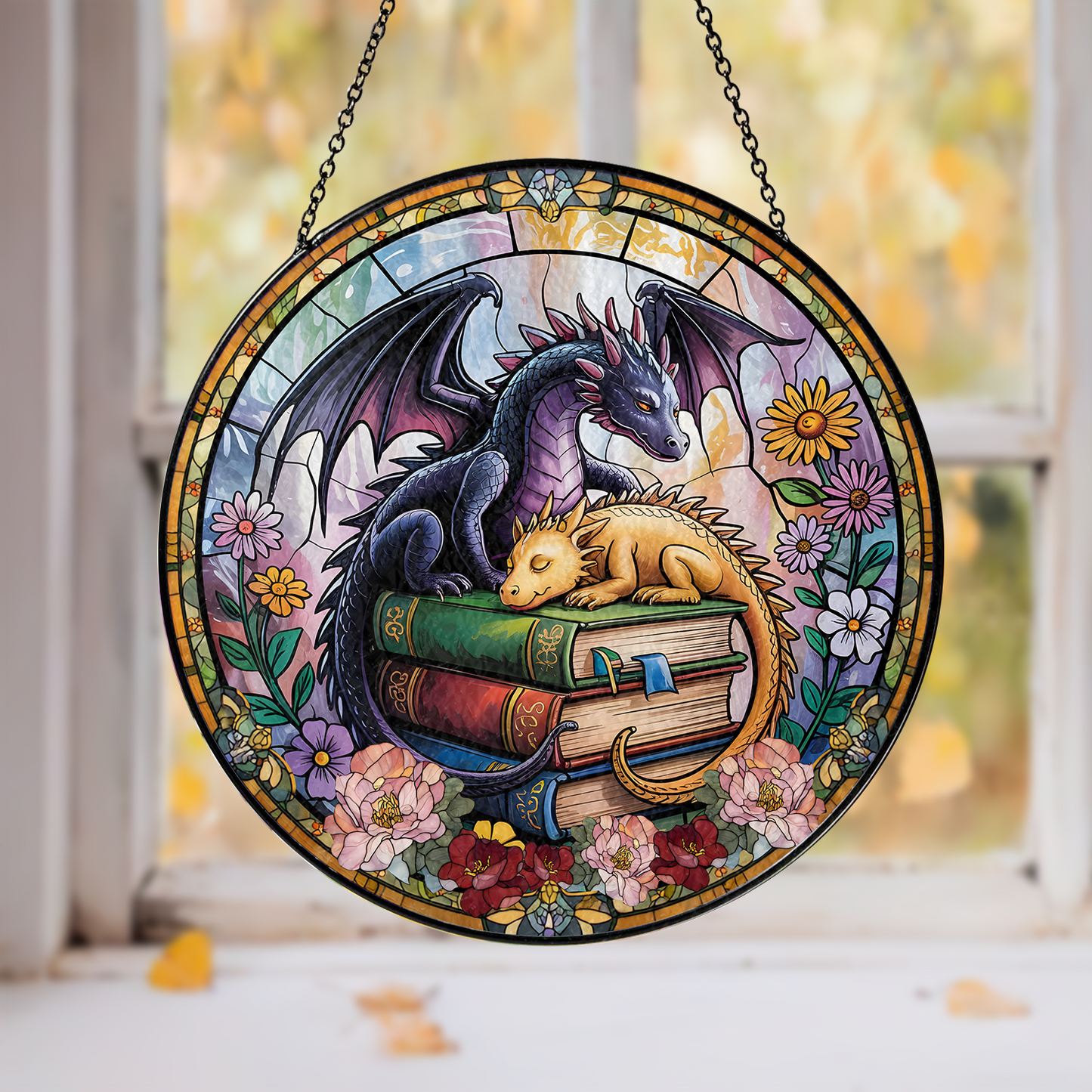 Handcrafted Book Dragon Suncatcher in Stained Glass – Unique Fantasy Gift for Librarians, Book Nerds, and Reading Enthusiasts (Sun-44)