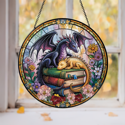 Handcrafted Book Dragon Suncatcher in Stained Glass – Unique Fantasy Gift for Librarians, Book Nerds, and Reading Enthusiasts (Sun-44)