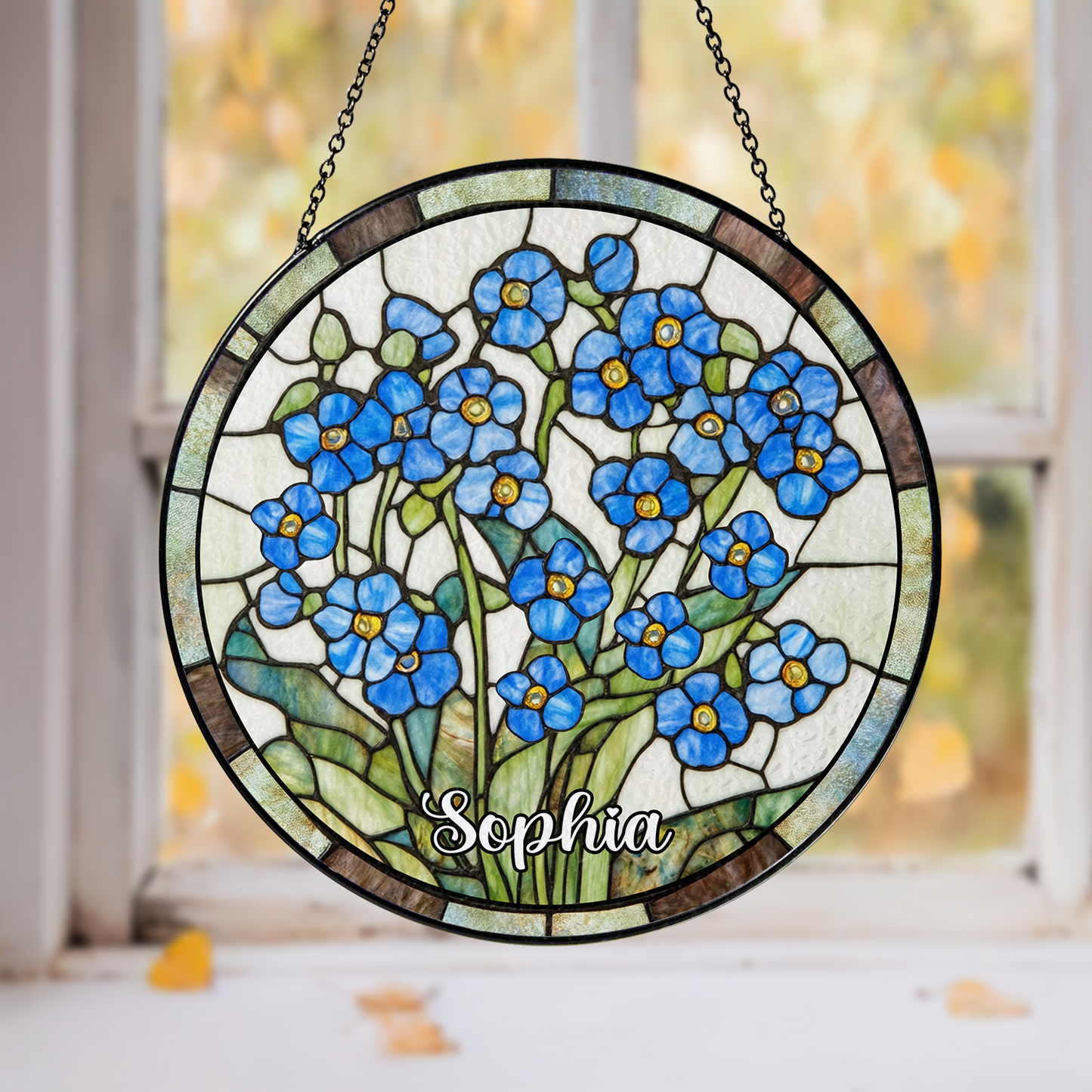 Forget-Me-Not Flowers Stained Glass Suncatcher,Window Hanging,Mother Day Gift For Grandma,Floral SunCatcher,Gardener Gift,Flower Glass Art (Sun-42)