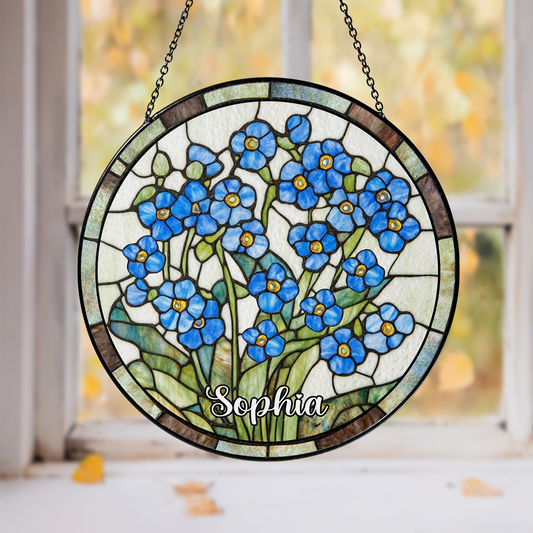 Forget-Me-Not Flowers Stained Glass Suncatcher,Window Hanging,Mother Day Gift For Grandma,Floral SunCatcher,Gardener Gift,Flower Glass Art (Sun-42)