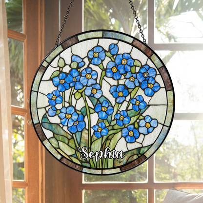 Forget-Me-Not Flowers Stained Glass Suncatcher,Window Hanging,Mother Day Gift For Grandma,Floral SunCatcher,Gardener Gift,Flower Glass Art (Sun-42)