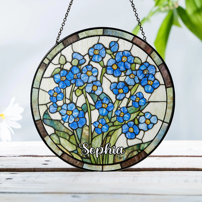 Forget-Me-Not Flowers Stained Glass Suncatcher,Window Hanging,Mother Day Gift For Grandma,Floral SunCatcher,Gardener Gift,Flower Glass Art (Sun-42)