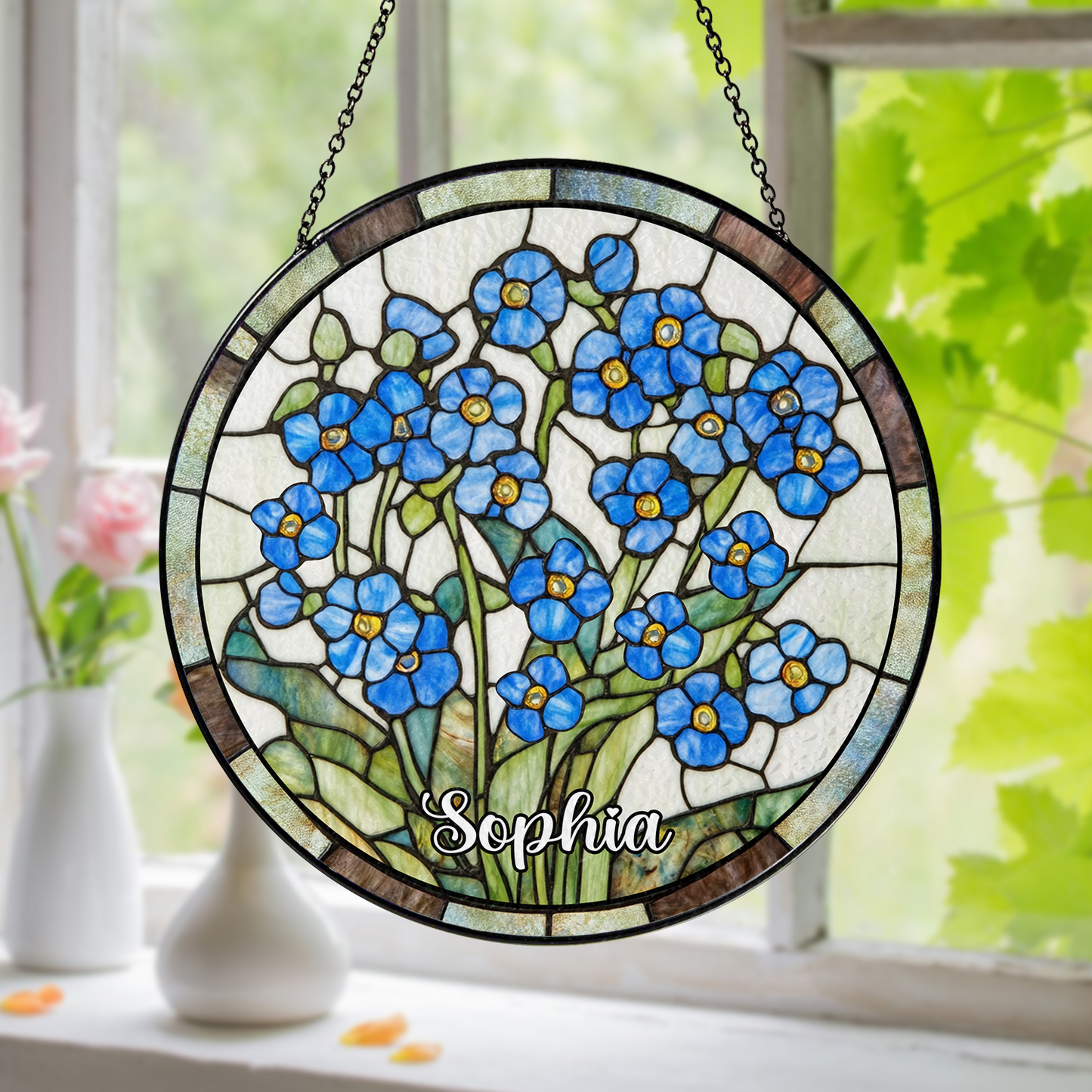 Forget-Me-Not Flowers Stained Glass Suncatcher,Window Hanging,Mother Day Gift For Grandma,Floral SunCatcher,Gardener Gift,Flower Glass Art (Sun-42)