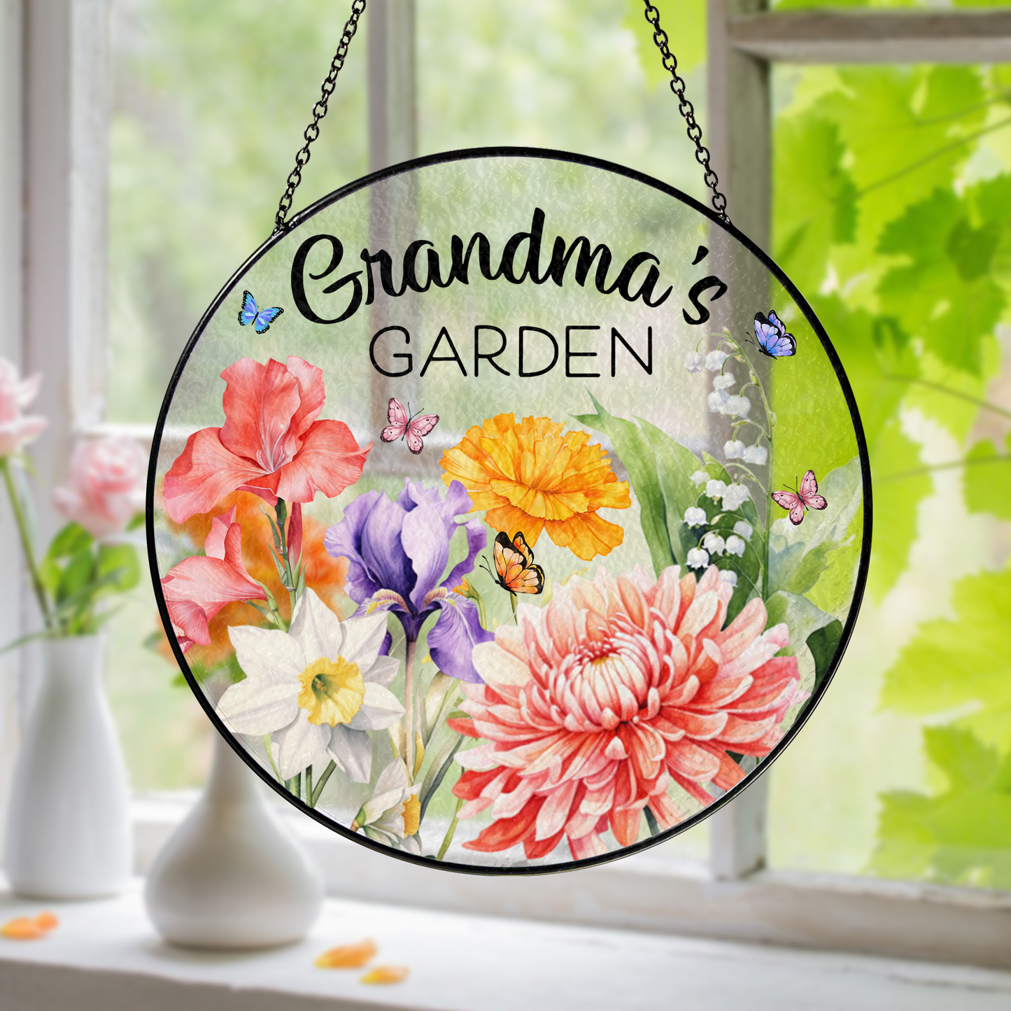 Grandmother’s Birth Flower Window Art – Custom Stained Glass Suncatcher for Garden and Family Lovers (Sun-45)