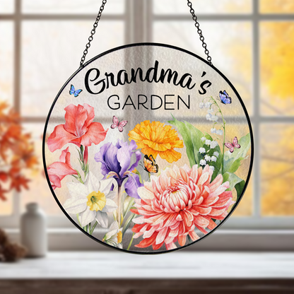 Grandmother’s Birth Flower Window Art – Custom Stained Glass Suncatcher for Garden and Family Lovers (Sun-45)