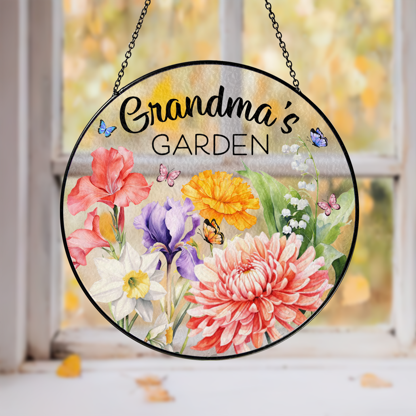 Grandmother’s Birth Flower Window Art – Custom Stained Glass Suncatcher for Garden and Family Lovers (Sun-45)