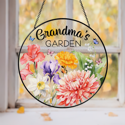 Grandmother’s Birth Flower Window Art – Custom Stained Glass Suncatcher for Garden and Family Lovers (Sun-45)