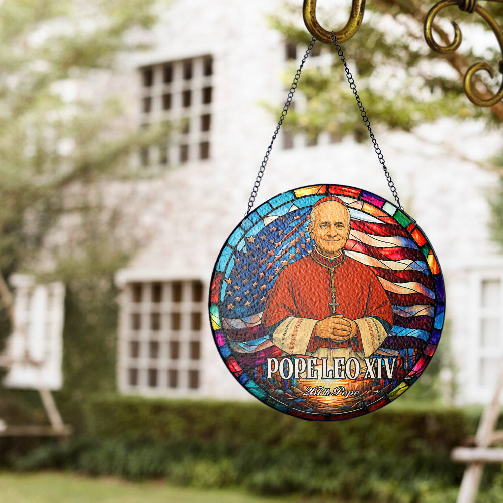 Pope Leo XIV Religious Glass Suncatcher, Christian Home Window Decor, Stained Glass Suncatcher Ornament, Handmade Glass SunCatcher (Sun-113)