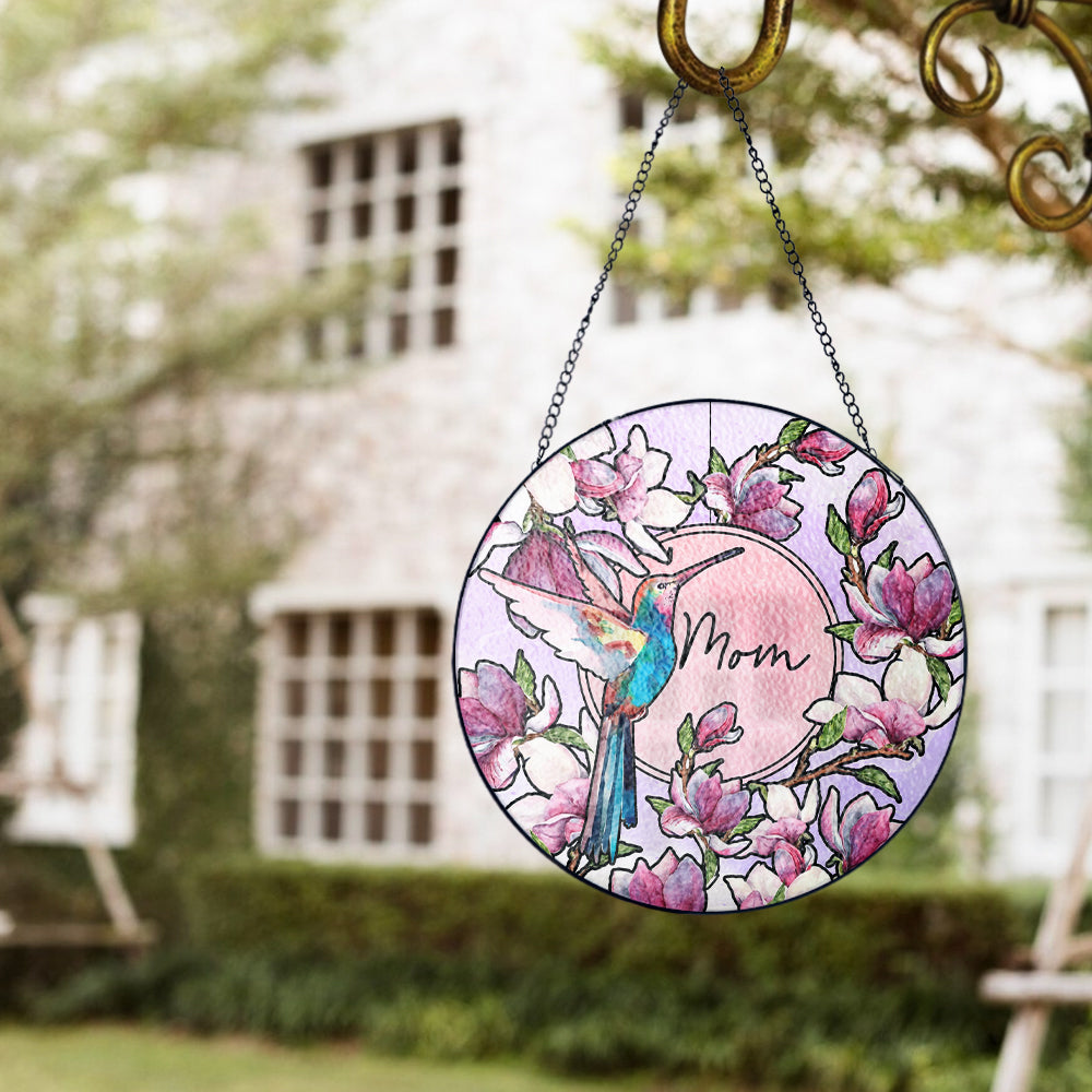 Custom Floral and Hummingbird Stained Glass Suncatcher Gift for Mom (Sun-15)