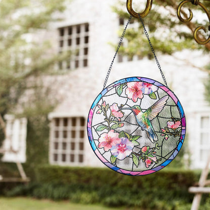 Custom Floral and Hummingbird Stained Glass Suncatcher for Window (Sun-14)