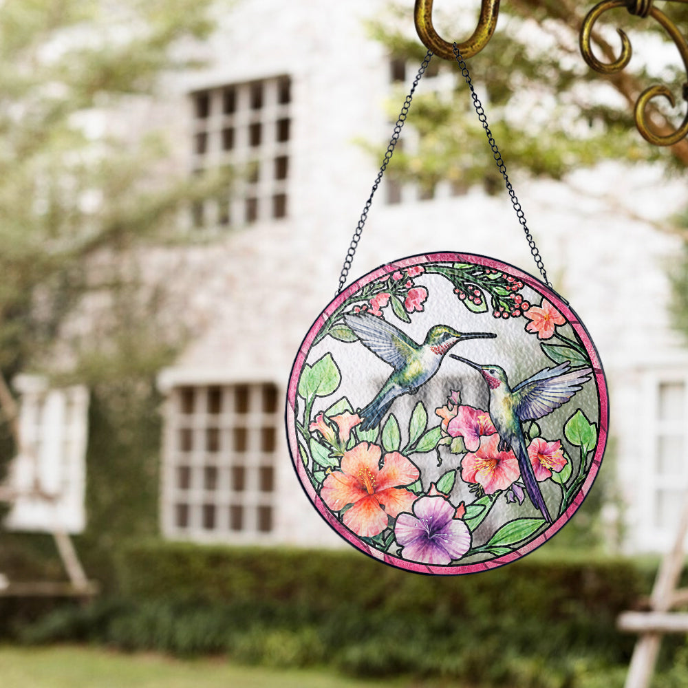 Custom Hummingbird Couple Glass Suncatcher, Elegant Window Decoration for Bird Lovers (Sun-22)