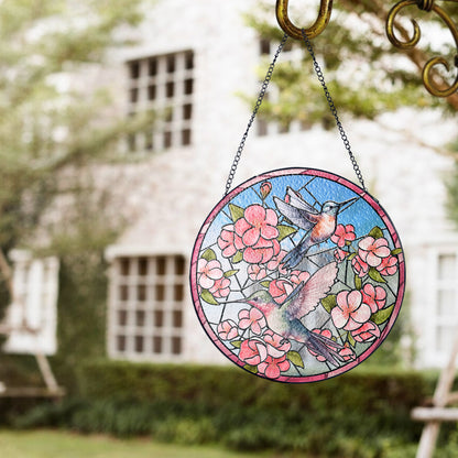 Custom Glass Suncatcher with Hummingbird Couple – A Romantic Window Hanging for Bird and Nature Lovers (Sun-30)