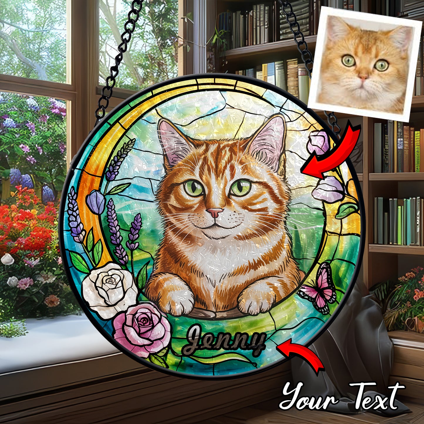 Custom Cat Portrait Glass Suncatcher – Personalized Pet Memorial or Gift for Cat Lovers – Floral Window Hanging with Pet Name (Sun-90)