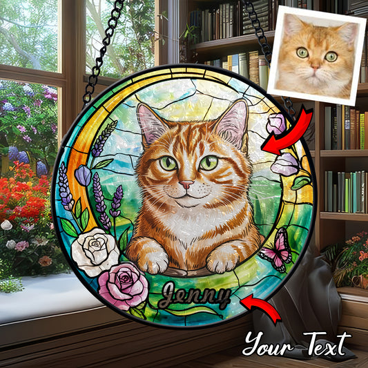Custom Cat Portrait Glass Suncatcher – Personalized Pet Memorial or Gift for Cat Lovers – Floral Window Hanging with Pet Name (Sun-90)