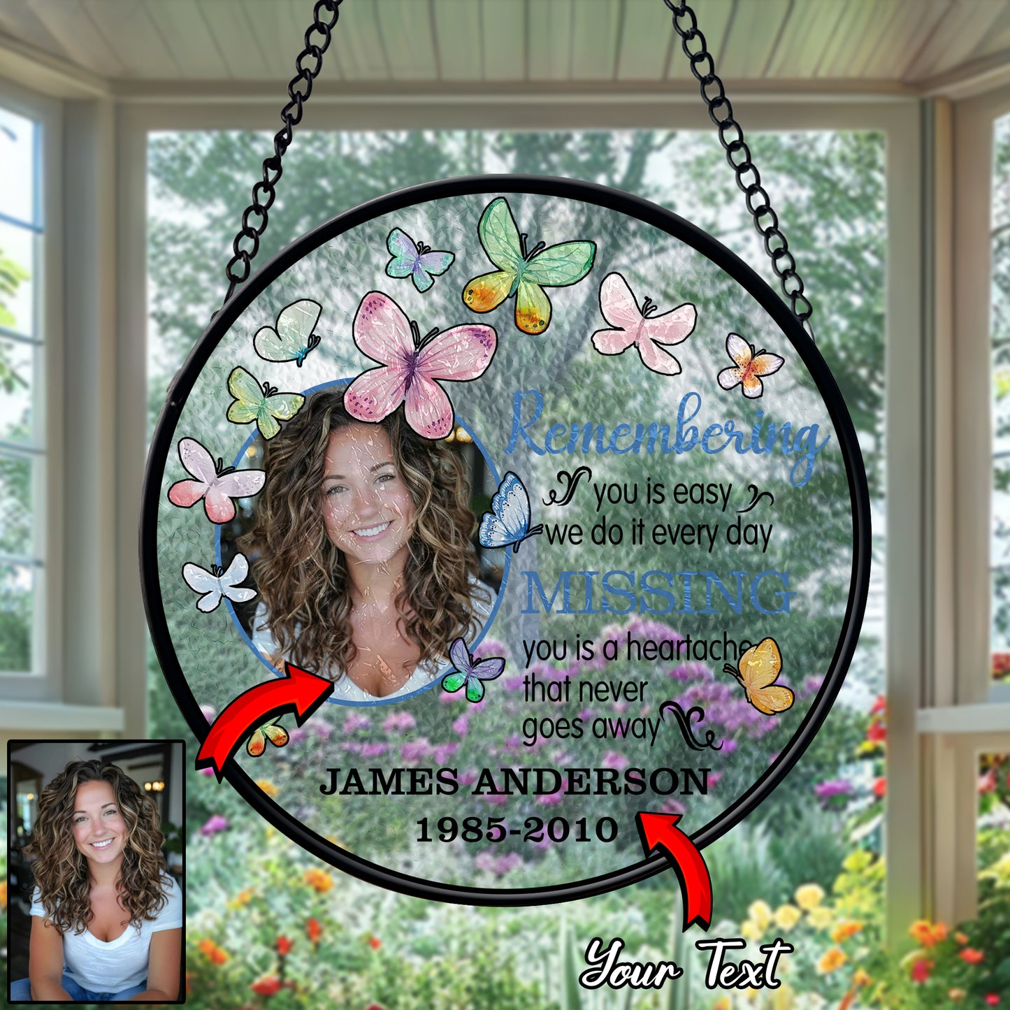 Personalized Memorial Glass Suncatcher with Photo and Butterflies – In Loving Memory Hanging Ornament for Loss of Loved One (Sun-92)