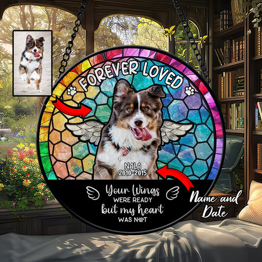 Personalized Pet Memorial Glass Suncatcher – Dog Loss Gift with Name and Dates – ‘Your Wings Were Ready’ Rainbow Window Hanging (Sun-89)