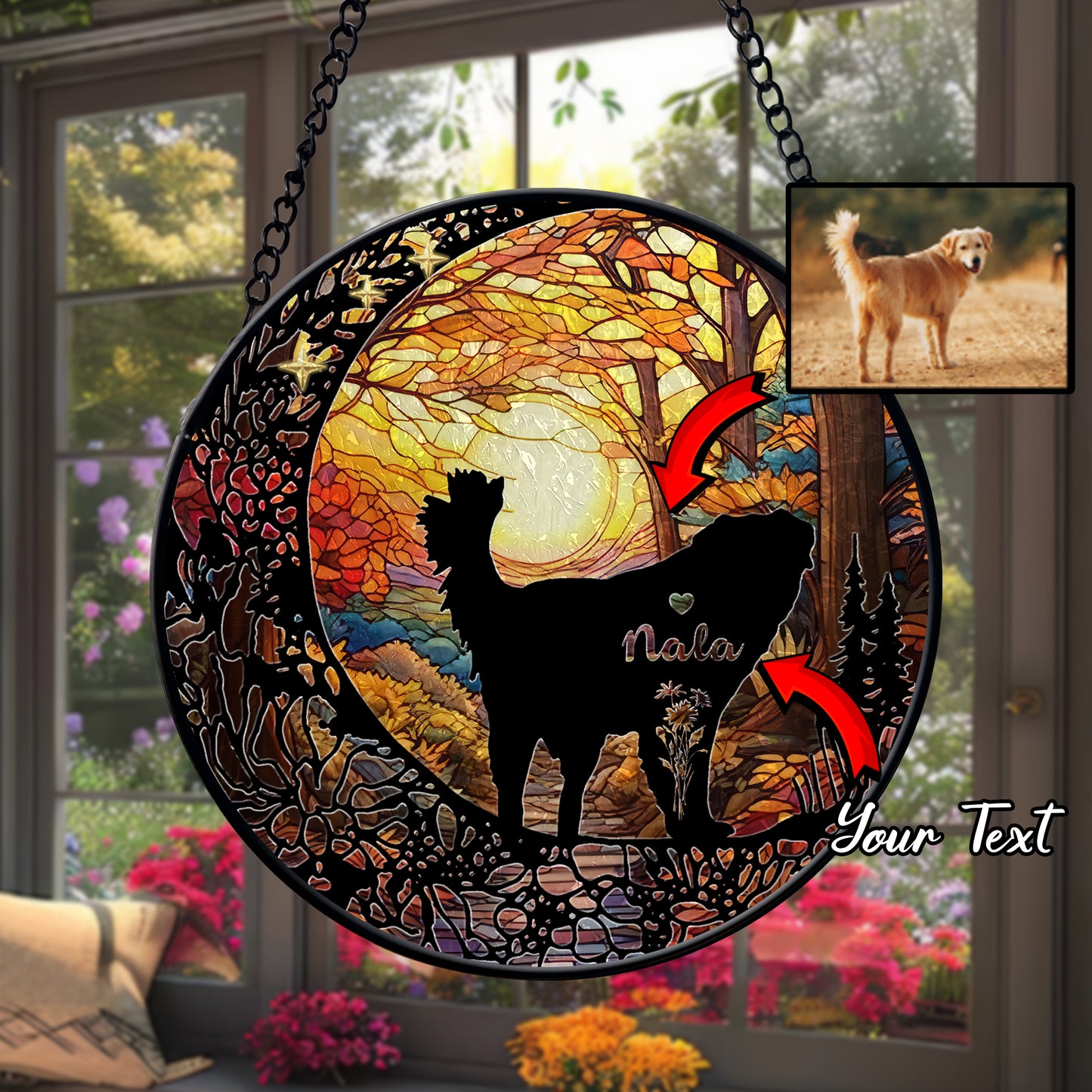 Handmade Personalized Dog Glass Suncatcher – Pet Face & Name Ornament, Stained Glass Style Gift for Dog Mom or Pet Loss Keepsake (Sun-86)
