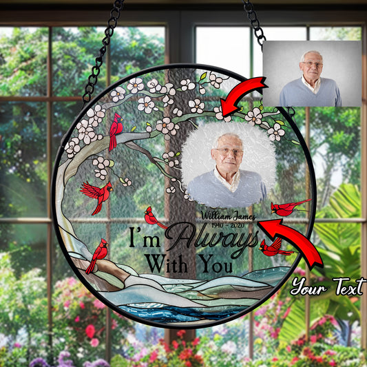 Personalized Glass Suncatcher for Windows – Memorial Cardinal Ornament with Name, Dates & Photo (Sun-95)