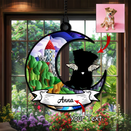 Personalized Pet Memorial Hanging Suncatcher – Crescent Moon with Angel Dog Silhouette, Name Banner, and Fairy Tale Castle Design  (H-Sun-28)