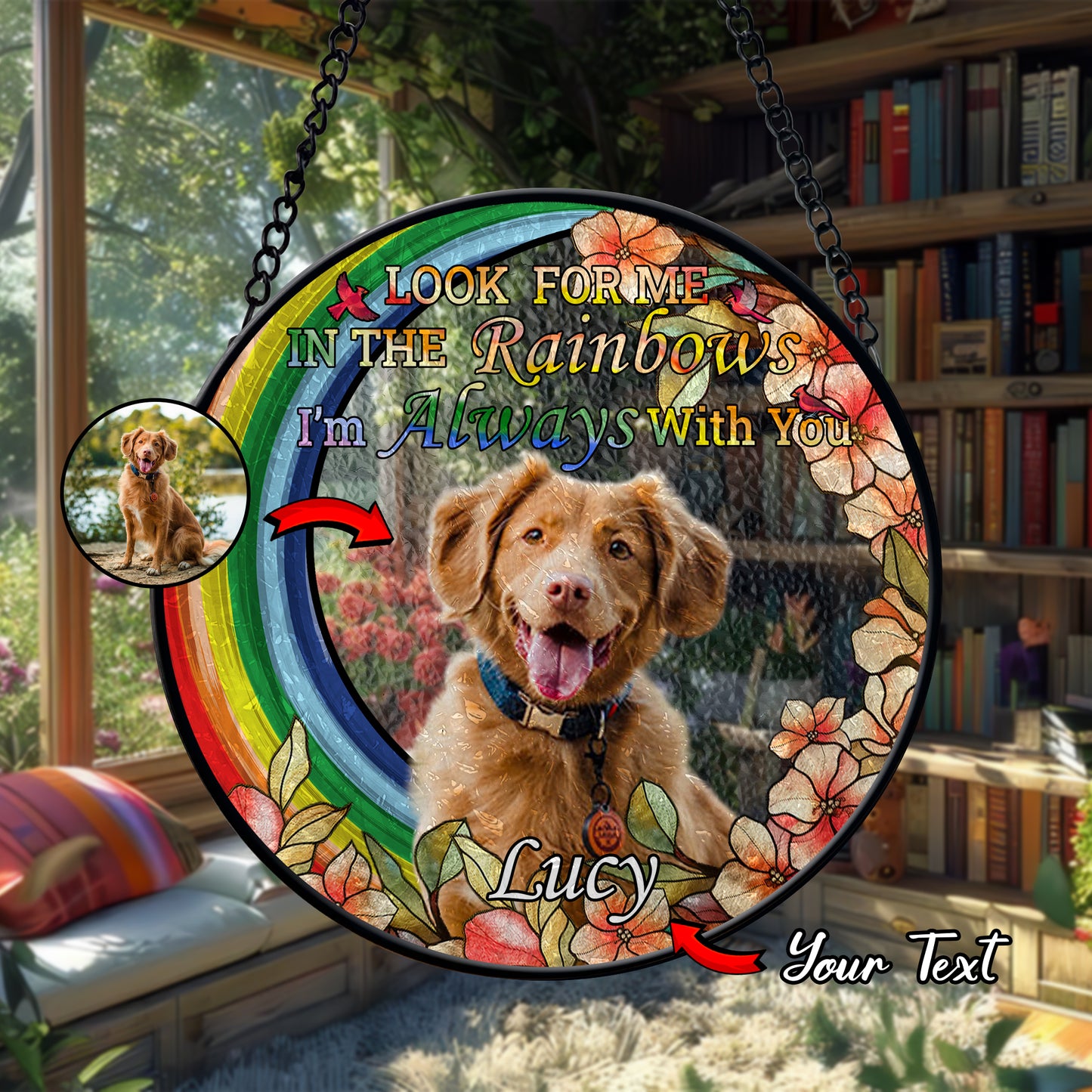 Personalized Rainbow Bridge Pet Memorial Glass Suncatcher – Custom Photo Keepsake for Loss of Dog or Cat (Sun-93)