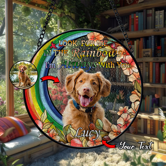 Personalized Rainbow Bridge Pet Memorial Glass Suncatcher – Custom Photo Keepsake for Loss of Dog or Cat (Sun-93)